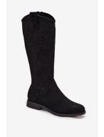 Kozaki Damskie Ażurowe Na Płaskim Obcasie S.Barski HY52-534 Czarne