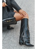 Kozaki Damskie Wsuwane Na Słupku Z Ozdobnym Paskiem Eko Skórzane Czarne Jolivine