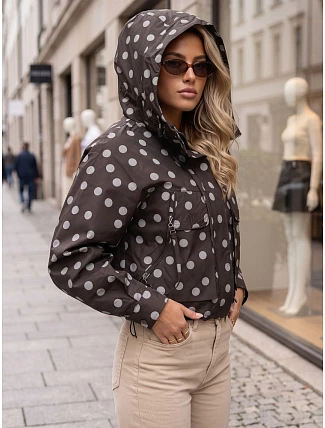 Dámska prechodová bunda s bodkami a kapucňou, hnedá, FashionStreet TY6036 Dámska prechodová bunda s bodkami a kapucňou, hnedá, FashionStreet TY6036