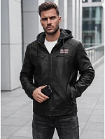 Pánska zateplená bunda z ekokože s kapucňou, čierna, FashionStreet TX5147 Pánska zateplená bunda z ekokože s kapucňou, čierna, FashionStreet TX5147