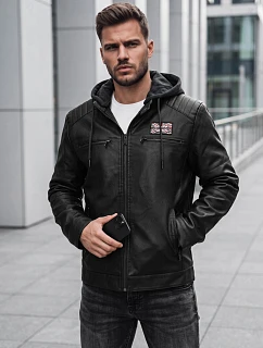 Pánska zateplená bunda z ekokože s kapucňou, čierna, FashionStreet TX5147
