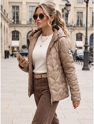 Dámska prešívaná prechodná bunda s kapucňou, béžová, FashionStreet TY5882 Dámska prešívaná prechodná bunda s kapucňou, béžová, FashionStreet TY5882
