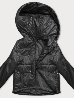 Krátka čierna dámska bunda s kapucňou (B8216-1)