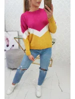 Geometrický vzorovaný sveter fuchsiová + horčicová