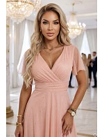 635-7 MELANIA Dlhé trblietavé svadobné šaty s krátkymi rukávmi a výstrihom - broskyňové 635-7 MELANIA Dlhé trblietavé svadobné šaty s krátkymi rukávmi a výstrihom - broskyňové