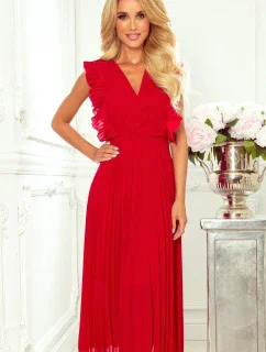 EMILY - Červené dámske plisované šaty s volánikmi a výstrihom 315-3