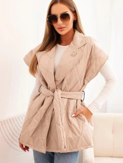 Dámska prešívaná vesta s opaskom a širokým golierom tmavo béžová