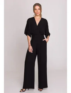 S395 Kombinéza so širokými nohavicami a zavinovacím výstrihom - čierna
