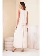 Dámska súprava z viskózy, top bez rukávov a široké nohavice s ozdobným lemovaním, béžová