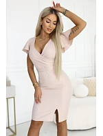 479-13 NINA elegantné šaty s obálkovým výstrihom, rukávmi a opaskom - béžové s trblietkami