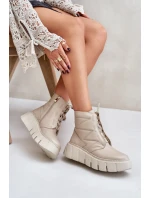 Zazoo 60472 Skórzane Botki Na Platformie I Koturnie Beżowe