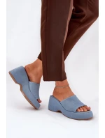 Materiałowe Klapki Damskie Na Platformie I Koturnie Jeansowe Afisal