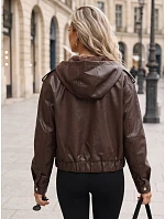 Dámska kožená bunda s kapucou, hnedá, FashionStreet TY5877 Dámska kožená bunda s kapucou, hnedá, FashionStreet TY5877