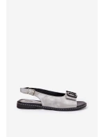 Płaskie Sandały Z Ozdobą Eko Skórzane Srebrne Lilria