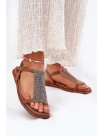 Płaskie Eleganckie Sandały Damskie Z Kryształkami Artiker 56C1365 Brązowe