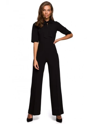 S243 Elegantný overal so zaväzovaním za krkom - čierny S243 Elegantný overal so zaväzovaním za krkom - čierny