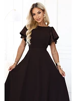 694-2 MIRELLA Elegantné maxi šaty so rozšíreným strihom a flitrovými rukávmi – čokoládovo hnedá 694-2 MIRELLA Elegantné maxi šaty so rozšíreným strihom a flitrovými rukávmi – čokoládovo hnedá