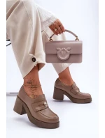 Skórzane Półbuty Damskie Na Słupku Ciemnobeżowe Lemar Dunadia