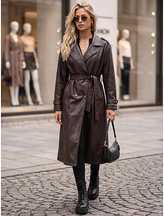 Dlhý dámsky dvojradový kabát s opaskom, tmavohnedý, FashionStreet NY0781