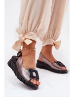 Skórzane Sandały Damskie Na Koturnie z Ozdobą Artiker 56C2158 Grafitowe