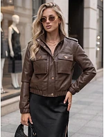 Dámska kožená bunda typu bomber na prechodné obdobie, hnedá, FashionStreet TY5874 Dámska kožená bunda typu bomber na prechodné obdobie, hnedá, FashionStreet TY5874
