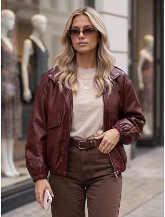 Dámska kožená bunda typu bomber na prechodné obdobie, vínová, FashionStreet TY6069 Dámska kožená bunda typu bomber na prechodné obdobie, vínová, FashionStreet TY6069