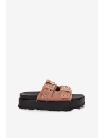 Klapki Damskie Ze Złotymi Klamrami Na Platformie Beżowe Virvania