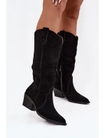 Skórzane Zamszowe Kozaki Kowbojki Damskie Ocieplane Czarne Urselle