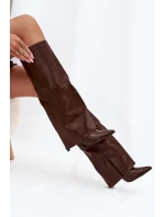 Ocieplane Kozaki Na Szpilce Z Wywiniętą Cholewką Czekoladowe Tamonia