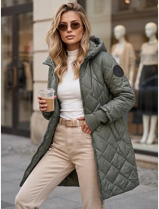 Dlhá dámska prešívaná prechodná bunda, zelená, FashionStreet TY5863 Dlhá dámska prešívaná prechodná bunda, zelená, FashionStreet TY5863