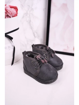 Dziecięce Sznurowane Śniegowce Ocieplone Futerkiem Szare Hunter