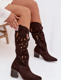 Otevřené kozačky z přírodního semiše Zazoo 3167 Čokoládové