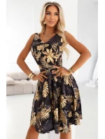 114-18 Čierne midi šaty s elegantným vrchným dielom a rozšírenou spodnou časťou - zlaté listy