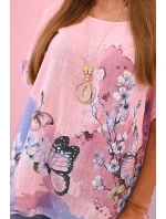 Dámske bavlnené tričko s motýľmi a kvetmi candy pink