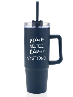 PRÁCE NEUTEČE, KÁVA VYSTYDNE! - modrý cestovní termohrnek s průhledným víčkem 900 ml  