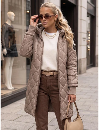 Dlhá dámska prešívaná prechodová bunda, béžová, FashionStreet TY5866 Dlhá dámska prešívaná prechodová bunda, béžová, FashionStreet TY5866