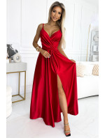 JULIET - Elegantné dlhé červené saténové dámske šaty s výstrihom a rozparkom na nohách 512-5