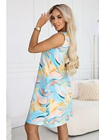 296-15 VICTORIA Trapézové letné šaty vo farebných vlnách - citrónovo modré