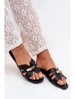 Płaskie Klapki Damskie Z Paseczkiem I Złotym Detalem Czarne Kerenza