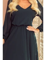 Dámske šifónové šaty v fľaškovo zelenej farbe v dĺžke midi, s dekoltom a volánikom 304-2 Dámske šifónové šaty v fľaškovo zelenej farbe v dĺžke midi, s dekoltom a volánikom 304-2