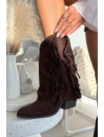 Dámské kožené boty s třásněmi na podpatku čokoládové Gralina