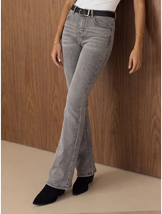 Dámske džínsy s vysokým pásom a opaskom, strih bootcut, sivé, FashionStreet UY3178 Dámske džínsy s vysokým pásom a opaskom, strih bootcut, sivé, FashionStreet UY3178