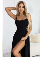 589-5 Maxi šaty bez ramienok s korzetovým zaväzovaním vzadu a rozparkom - čierne