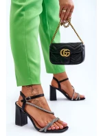 Skórzane Sandały Z Cyrkoniami Na Obcasie Czarne Carlotta