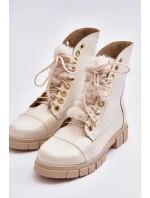 Skórzane Botki Damskie Z Futerkiem Jasnobeżowe Lewski 3296