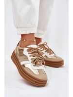 Sneakersy Damskie Na Platformie Z Podwójnym Sznurowaniem Panterka Złote Niteria