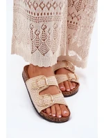 Szydełkowe Klapki Damskie Ze Złotymi Klamrami Beżowe Fenira