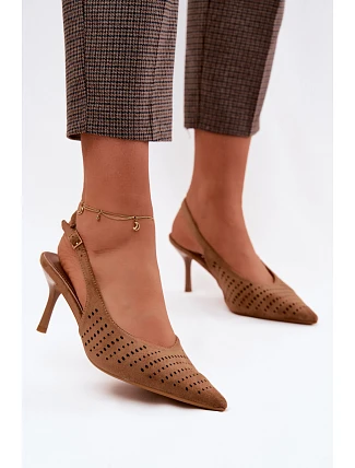 Dámské síťované sandály na podpatku z imitace semiše světle hnědé Torielle
