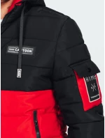 Pánska zimná bunda s kapucňou čierno-červená FashionStreet TX5052 Pánska zimná bunda s kapucňou čierno-červená FashionStreet TX5052