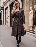 Dlhý dámsky dvojradový kabát s opaskom, tmavohnedý, FashionStreet NY0781